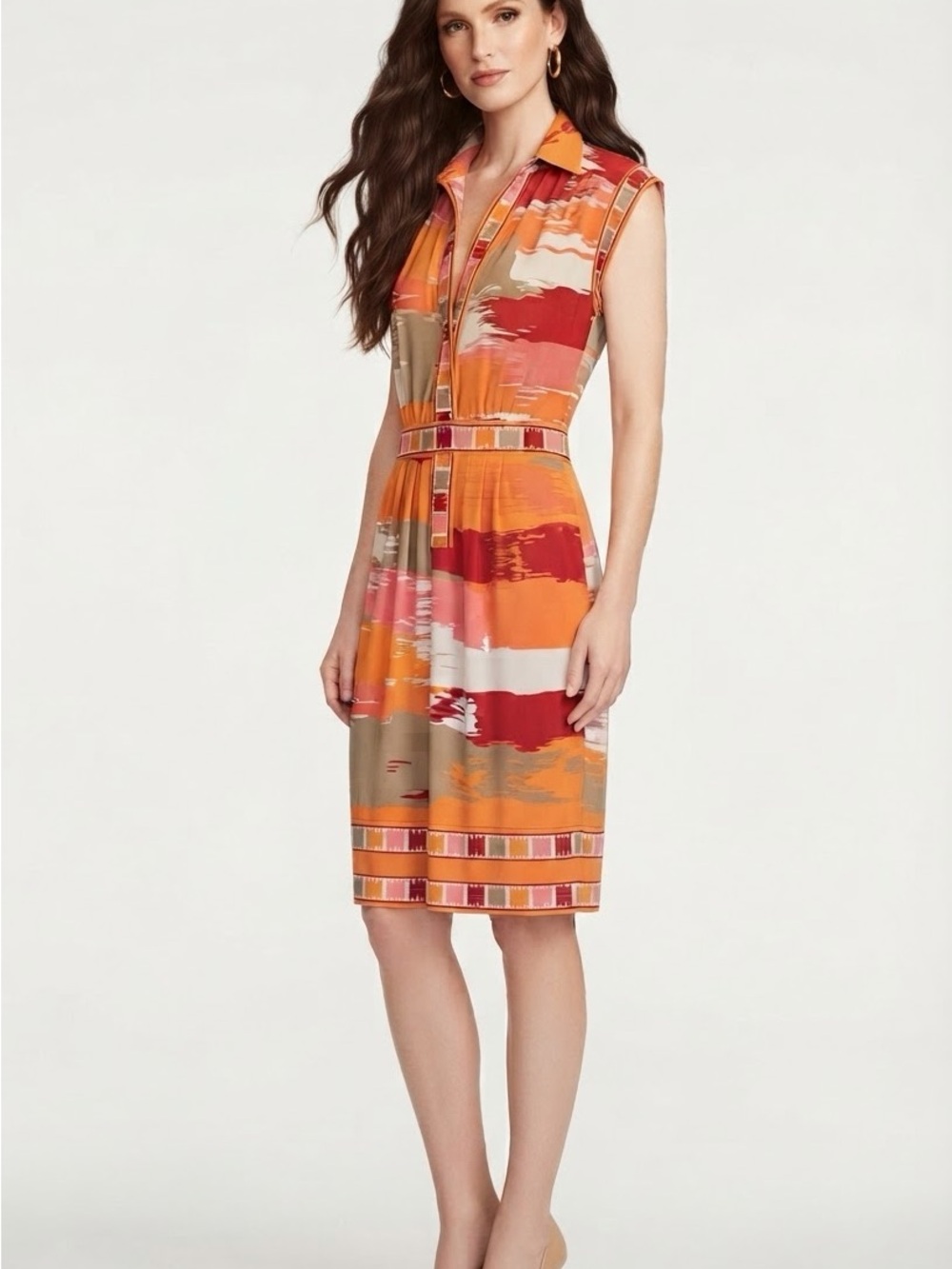 BCBGMAXAZRIA Orange Red Retro Abstract Collared Shirt Dress Size Small